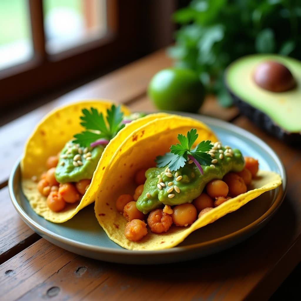 Plato con tacos de chickpea abiertos sobre tortillas de maíz, rellenos de garbanzos aplastados sazonados, salsa verde cruda vibrante, aguacate en cubos, cebolla morada picada y semillas de sésamo tostadas, decorados con cilantro fresco.