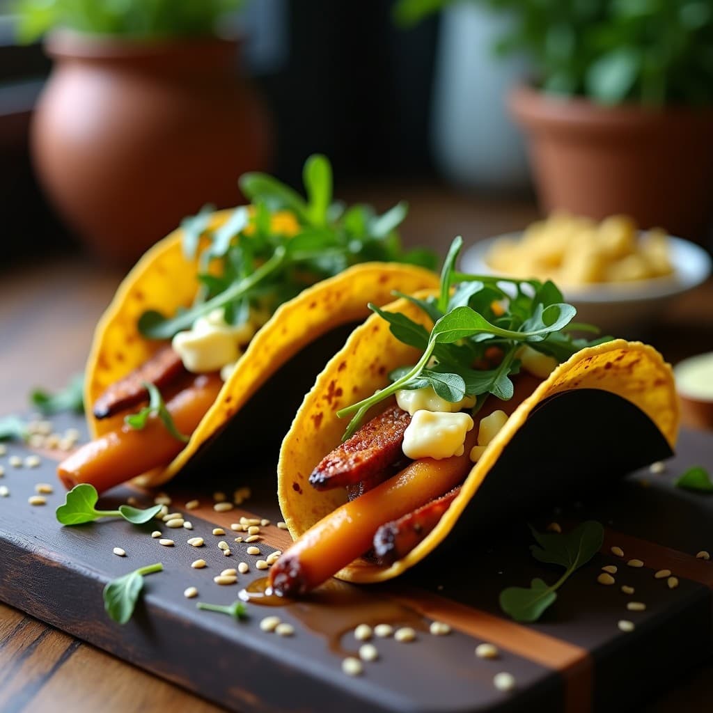 Tacos de chirivía dorada y crujiente con queso de cabra desmenuzado y salsa de mostaza y miel, decorados con cebolla morada y cilantro fresco sobre tortillas de maíz tostadas. Receta de fusión mexicano-francés en airfryer.