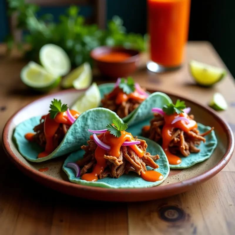 Tacos de cochinita pibil en airfryer servidos en tortillas de maíz azul, con cebolla morada, cilantro y salsa habanera, sobre un plato de barro rústico.