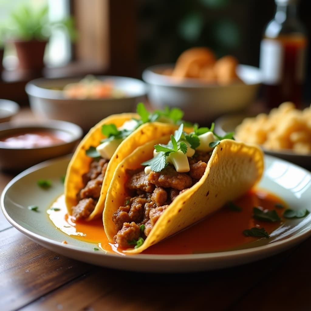 Plato con tacos de tortilla de maíz azul rellenos de chontaduro desmenuzado, queso cremoso de cacahuete y salsa de ajiaco verde con trozos de papa y zanahoria. Decorados con aguacate y cilantro fresco sobre una mesa rústica de madera.