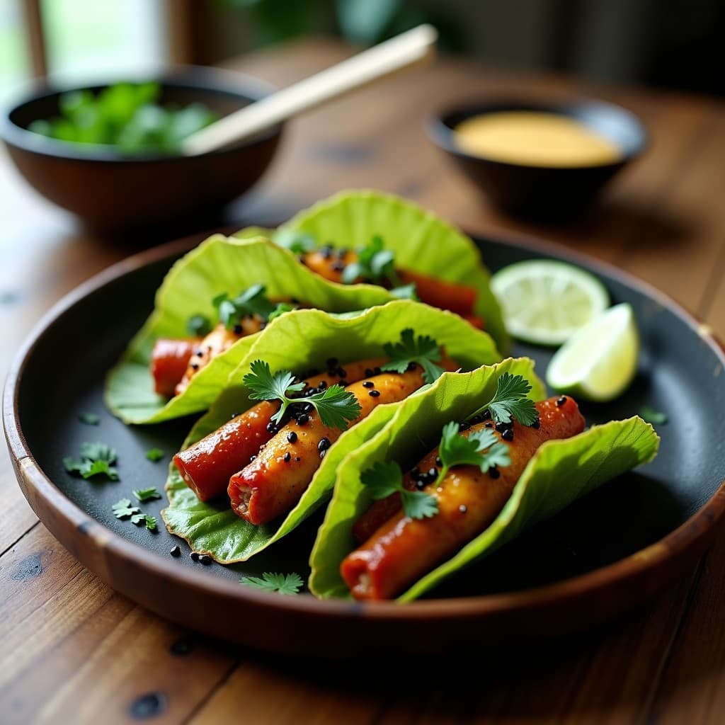 Tacos veganos fusion china-mexicana con chorizo de soja especiado y queso cremoso de anacardos, servidos en hojas de loto crujientes, decorados con semillas de sésamo negro y cilantro fresco sobre una bandeja de bambú.