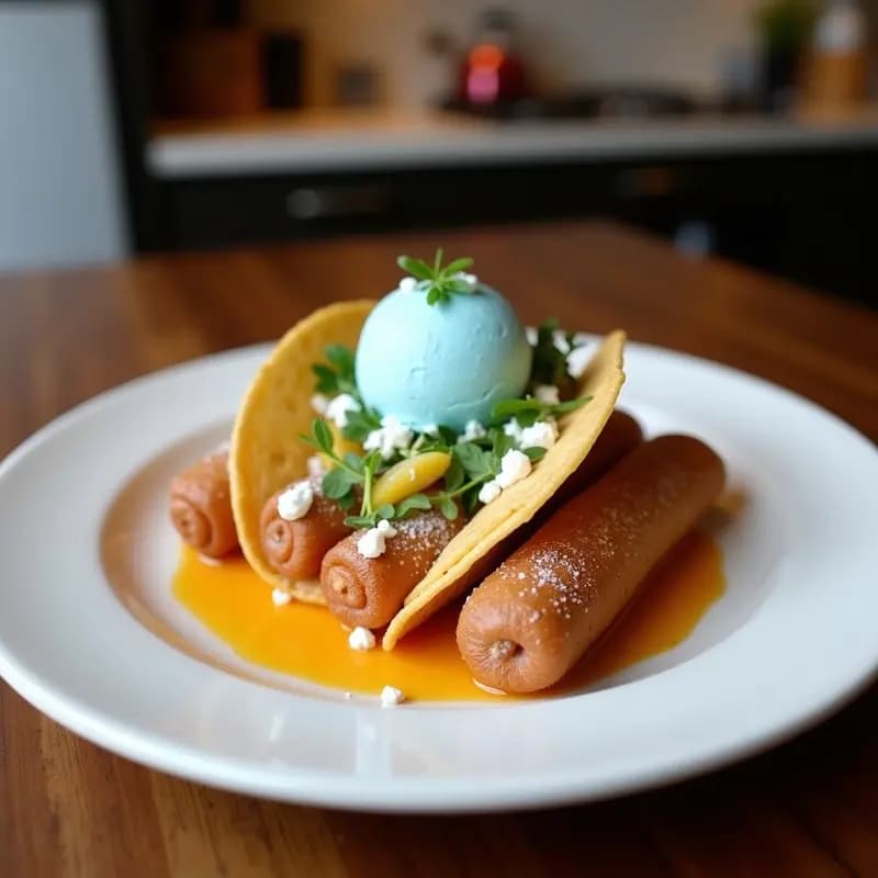 Tacos de churros dorados y crujientes rellenos de helado cremoso de queso azul, bañados en sirope de arce brillante y espolvoreados con nueces picadas, servidos en un plato rústico de madera con fondo de cocina vintage.