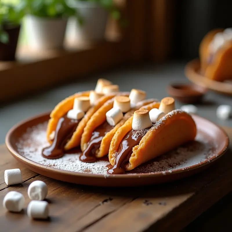 Tacos de churros dorados y crujientes rellenos de Nutella y marshmallows derretidos, espolvoreados con azúcar glas y canela, servidos en una bandeja rústica de madera con fondo desenfocado.