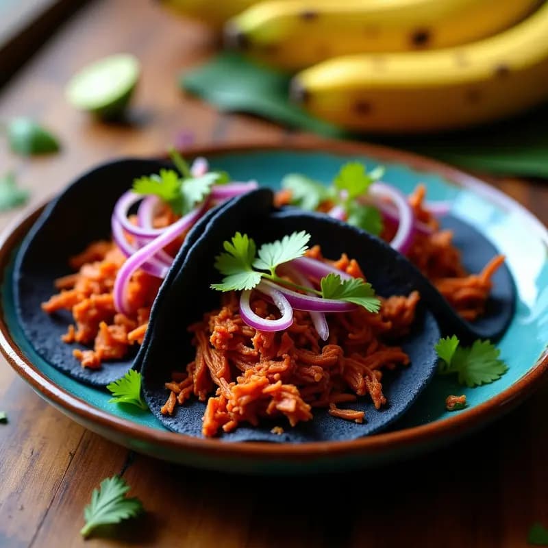 Plato de tacos de cochinita pibil servidos en tortillas de maíz azul, con carne desmenuzada dorada, cebolla morada juliana y rodajas de habanero, sobre hojas de plátano. Receta yucateca auténtica con achiote.