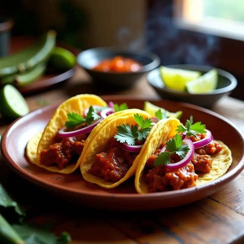 Plato de tacos de cochinita pibil con nopales asados en horno, tortillas de maíz doradas, cebolla morada encurtida y cilantro fresco, receta yucateca auténtica.