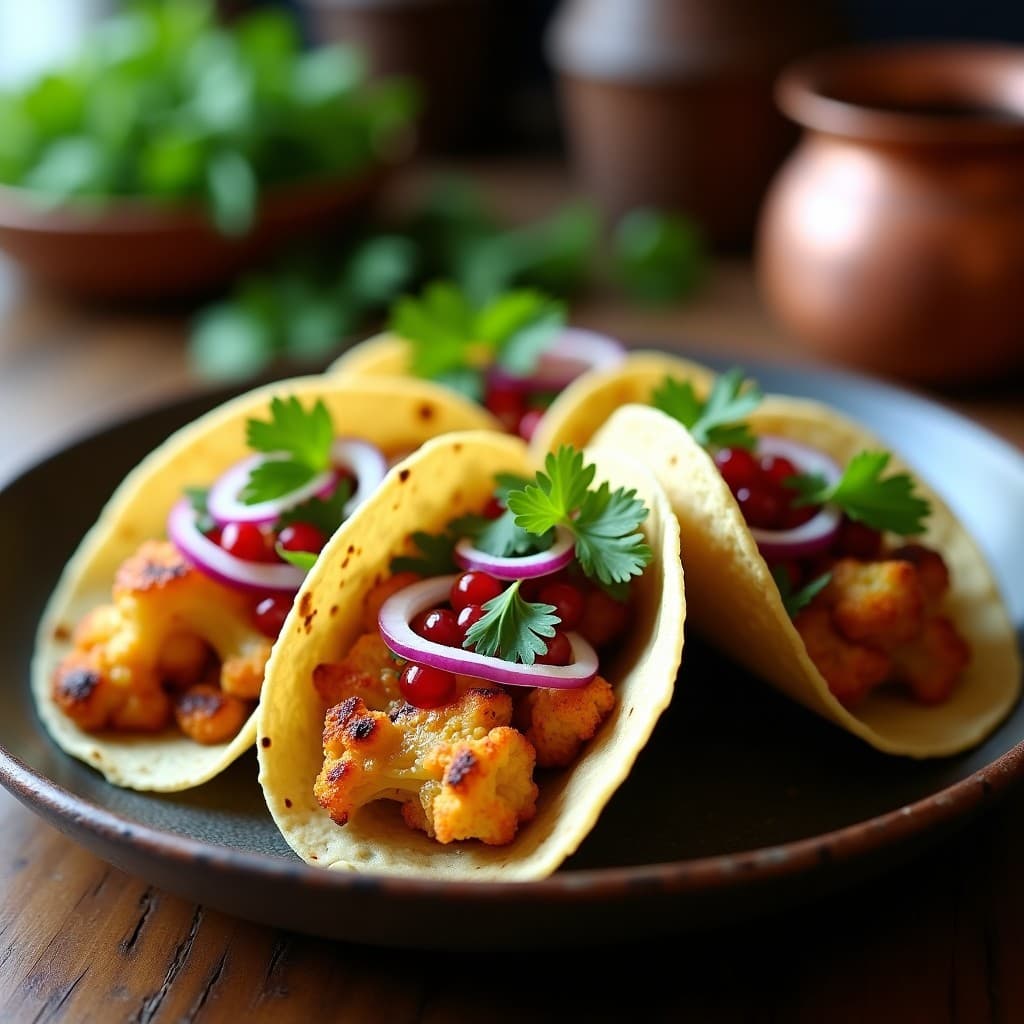 Plato de tacos de coliflor asada con salsa de tahini: floretes dorados y caramelizados sobre tortillas de maíz, bañados en salsa cremosa de color beige, decorados con cebolla morada, cilantro fresco, semillas de granada y rodajas de chile serrano, sobre fondo rústico de madera.