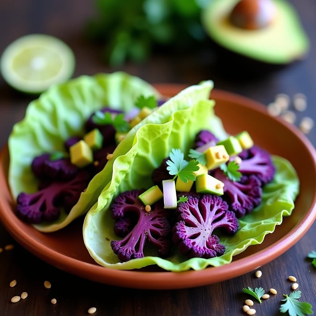 Tacos crudiveganos con láminas finas de coliflor morada marinada en adobo de anchoas vegano, servidos en hojas de lechuga romana con aguacate, cebolla morada, cilantro y semillas de sésamo, sobre un plato de barro rústico con fondo de madera oscura.