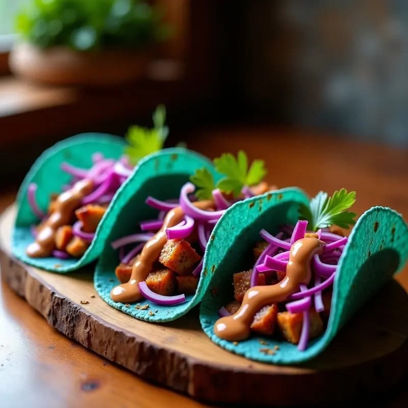 Plato de tacos de congrio ahumado con repollo morado y aderezo de chipotle, servidos en tortillas de maíz azul sobre una tabla de madera rústica. El congrio desmenuzado brilla con especias, el repollo morado añade color vibrante y el aderezo de chipotle decora con tonos crema. Cilantro fresco y cebolla morada completan la presentación.