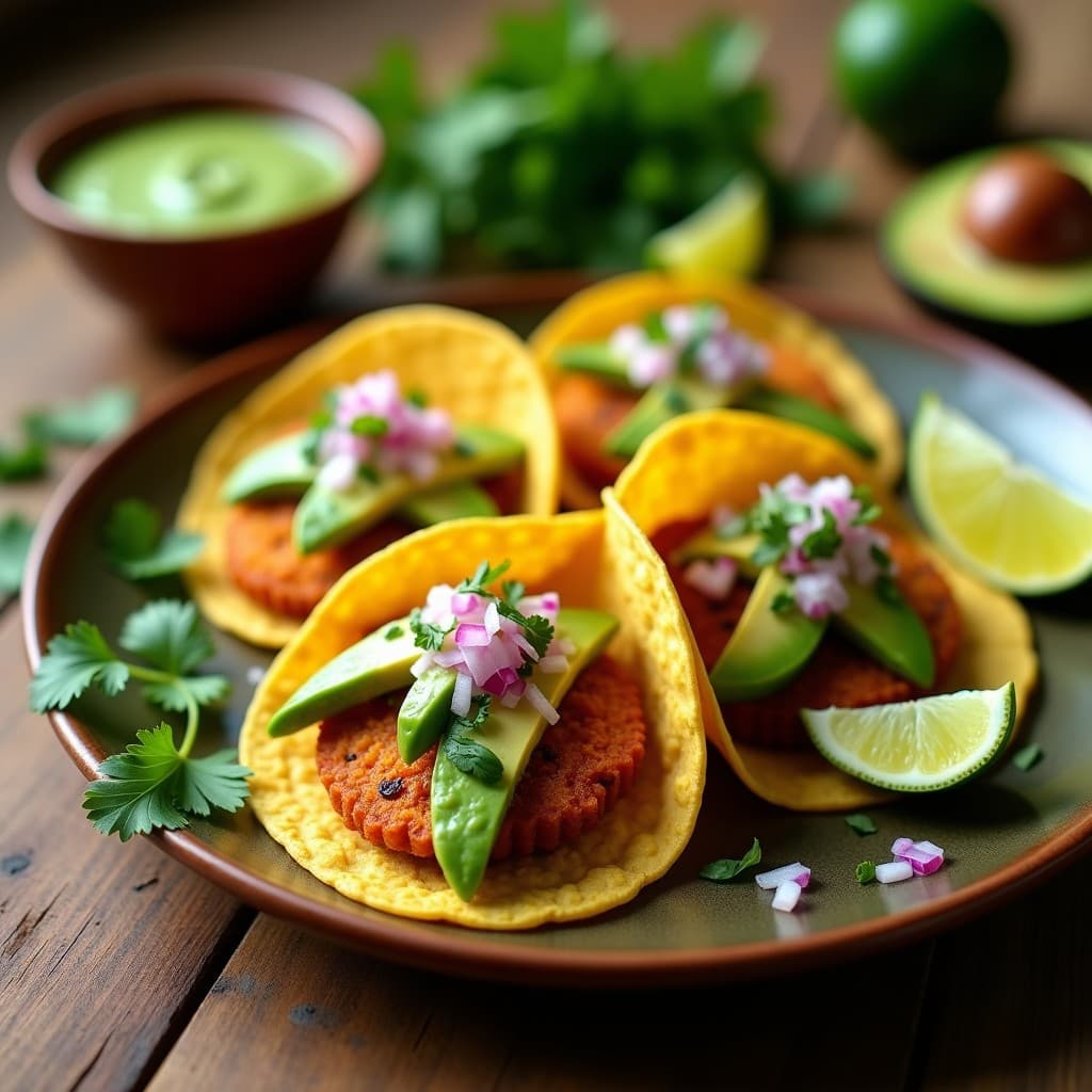 Tacos brasileños de corazón de palma dorado en airfryer, rellenos de aguacate en láminas y bañados en salsa verde de cilantro, servidos en tortillas de maíz con cebolla morada picada.