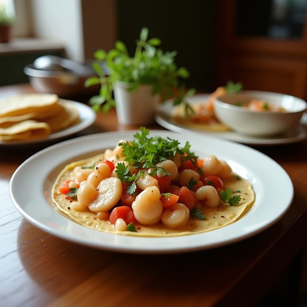 Plato de tacos abiertos de corazón de palma empanizado y crujiente rellenos de ceviche de camarón fresco con cebolla morada, tomate y cilantro, sobre tortillas de maíz. Decorado con aguacate en cubos y hojas de lechuga, receta fusion Peruano-Brasileña.