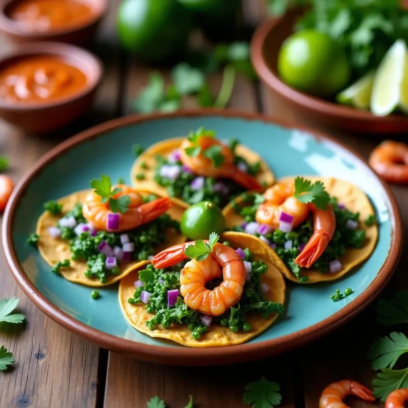 Tacos de maíz azul rellenos de hojas de dale verdes, camarones rosados salteados, cebolla morada picada y salsa de chipotle y lima, decorados con cilantro fresco sobre un plato de barro rústico.