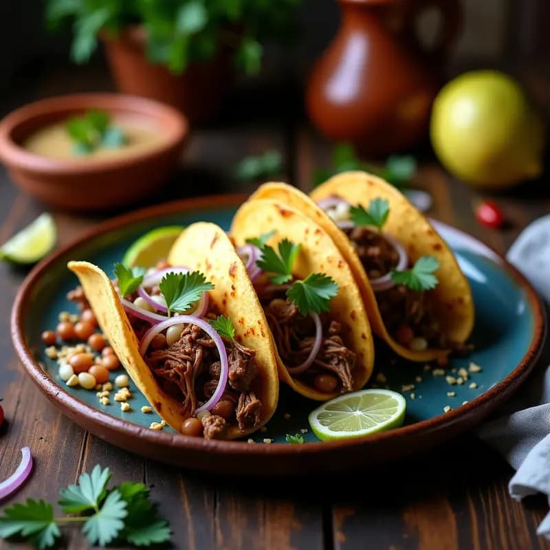 Tacos de birria con queso azul gratinado en tortillas de maíz azul, servidos en plato de barro con cebolla morada, cilantro y limón al lado.