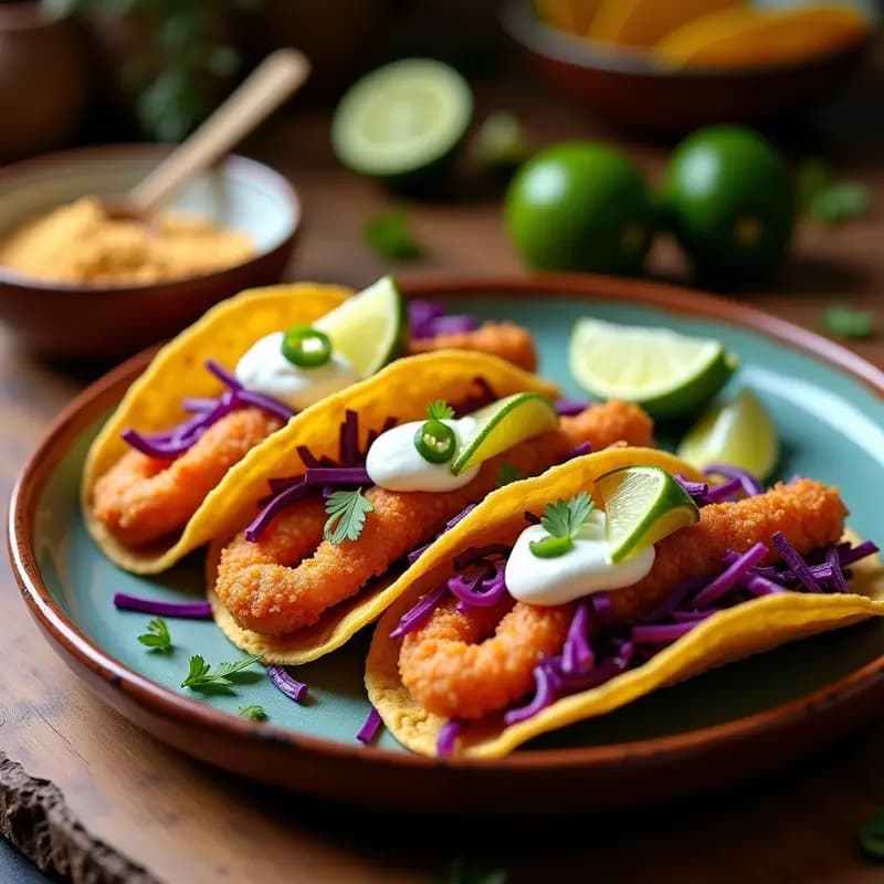Plato de tacos de camarón encostrado con chile pasilla, servidos en tortillas de maíz con lechuga morada, crema ácida y limón, receta mexicana crujiente.