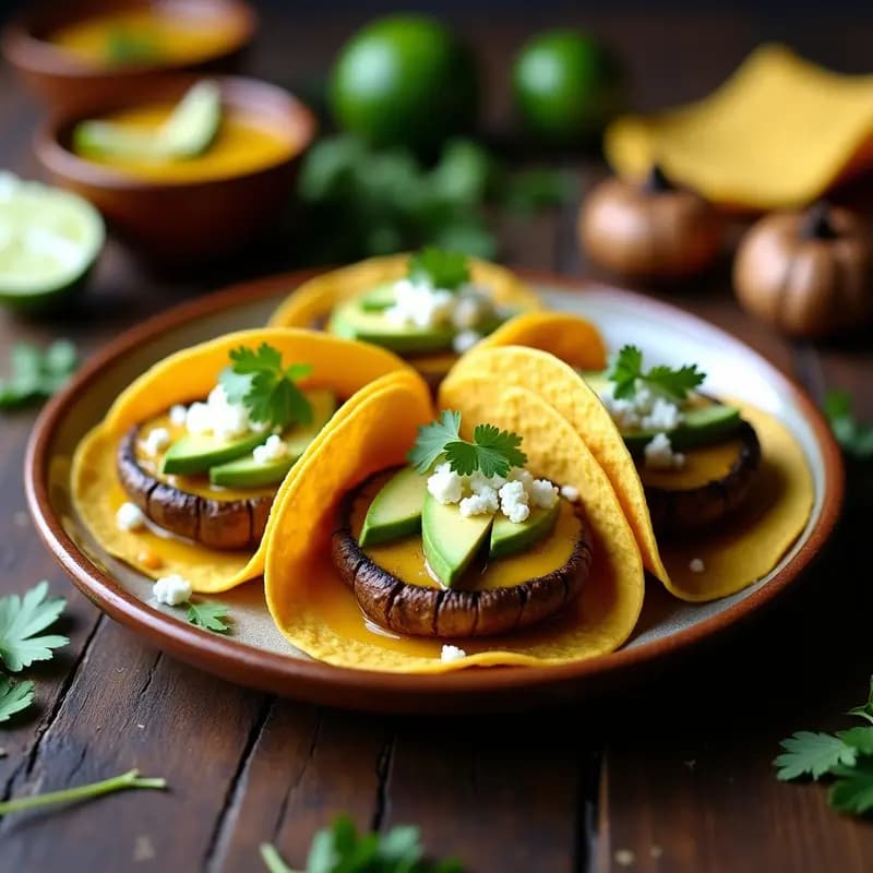 Tacos de hongos portobello al ají amarillo servidos en tortillas de maíz, con queso fresco, aguacate y cilantro, sobre un plato de barro rústico.