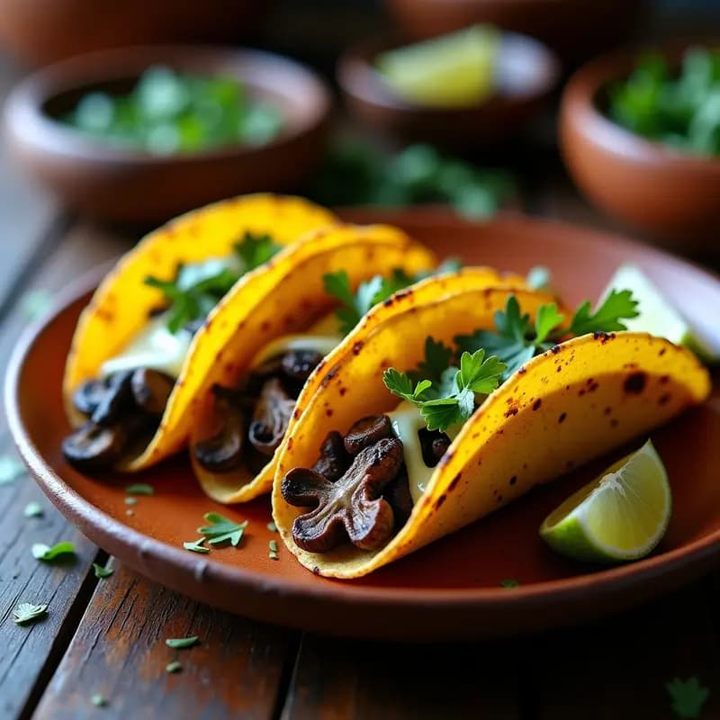 Tacos dorados de maíz azul rellenos de huitlacoche y queso panela gratinado, servidos en un plato de barro con epazote fresco y rodajas de limón, receta gourmet en airfryer.