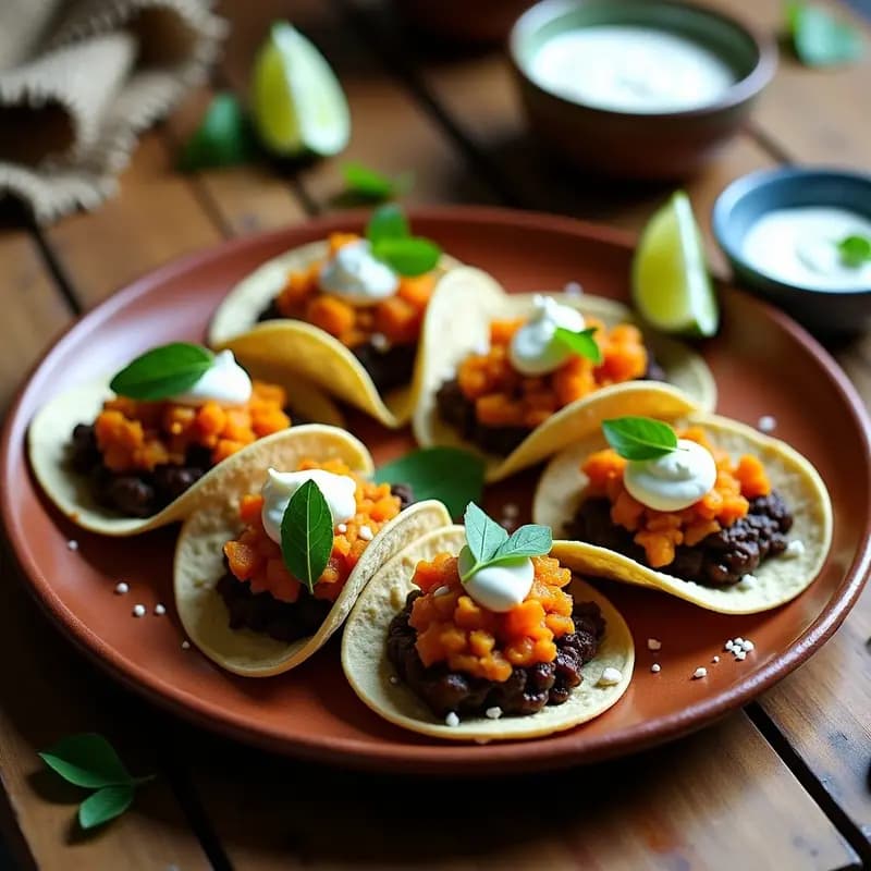 Plato de tacos de maíz azul rellenos de huitlacoche y flor de calabaza, con queso panela derretido, crema agria y limón verde, sobre fondo rústico de madera.