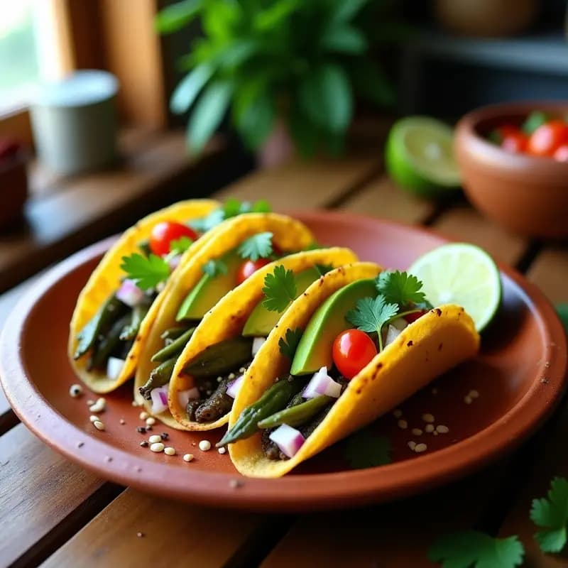 Tacos de nopal asado veganos servidos en tortillas de maíz, rellenos de nopales dorados, aguacate, cebolla morada, tomate cherry y cilantro fresco. Espolvoreados con semillas de sésamo sobre un plato de barro rústico.