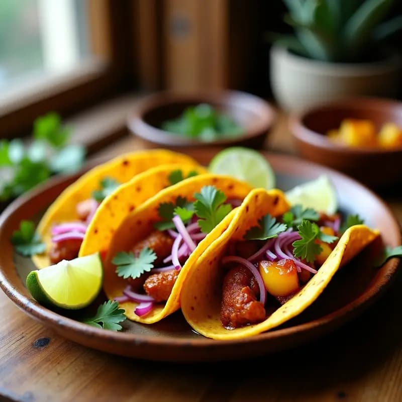 Plato de tacos de rabo de gallo al pastor con trozos de carne dorada, cebolla morada, cilantro y piña fresca sobre tortillas de maíz, servidos en un plato rústico de barro.