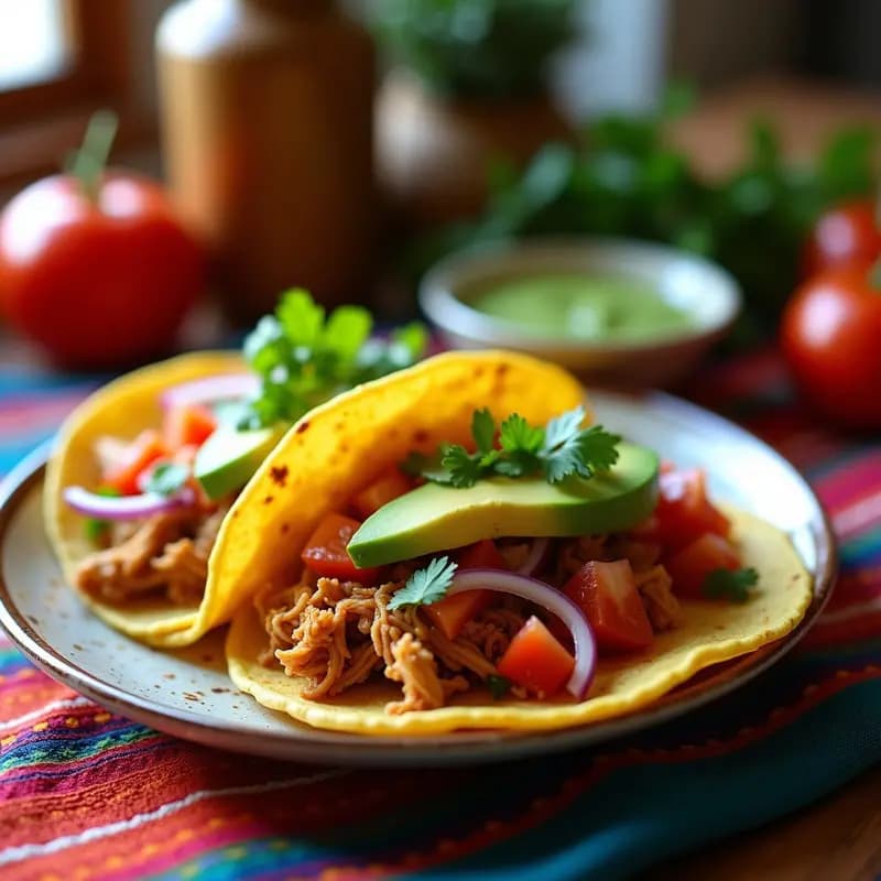 Plato de tacos de rabo de gallo con aguacate, acompañados de cebolla morada, tomate y cilantro fresco sobre tortillas de maíz doradas.