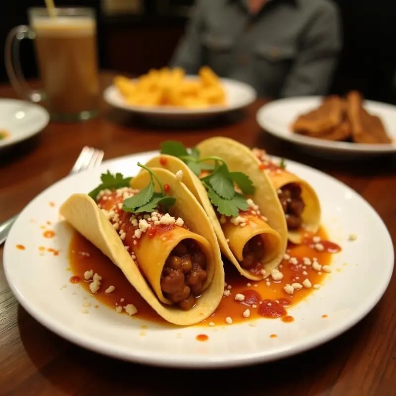 Tacos dorados crujientes rellenos de mezcla de café, cacao y canela, servidos en un plato de madera rústico con un fondo borroso de granos de café y especias.