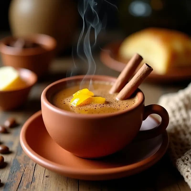 Taza de barro humeante con tacos dorados de café con panela, decorada con una rama de canela y rodajas de naranja sobre fondo rústico de madera.