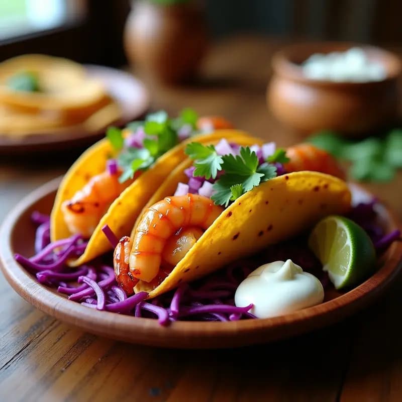 Plato de tacos dorados crujientes rellenos de camarones ahumados con glaseado brillante de agave, acompañados de ensalada de col morada, cebolla morada y cilantro fresco, con un toque de crema agria.