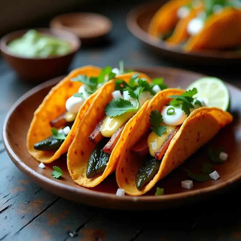 Plato de tacos dorados de rajas con queso panela, crujientes por fuera y cremosos por dentro, acompañados de crema ácida y decorados con cebolla morada.