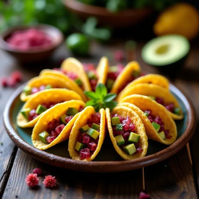 Plato de tacos dorados crujientes rellenos de cebolla morada y aguacate, con un fondo de flores de jamaica secas y rodajas de lima.