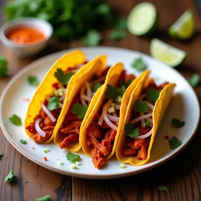 Plato con tacos dorados de jackfruit al pibil, crujientes y dorados, rellenos de jackfruit desmenuzado con especias, acompañados de cebolla morada picada y cilantro fresco sobre fondo rústico de madera.