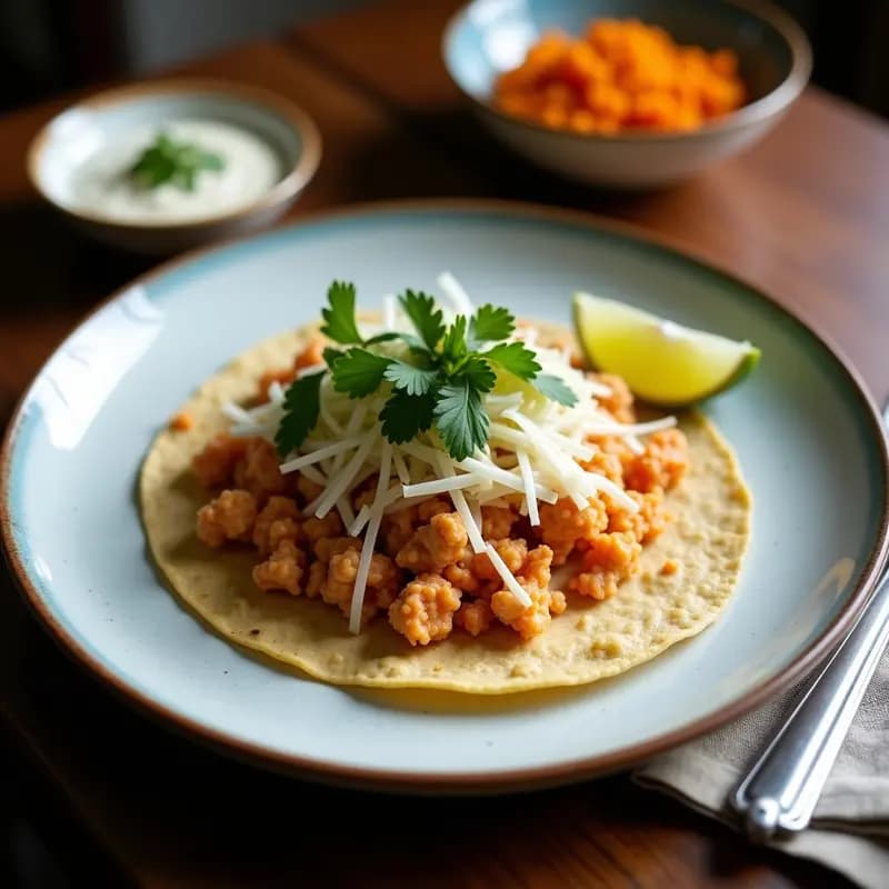 Plato de tacos dorados de jaiba y queso Oaxaca sobre hoja de plátano, con salsa cruda de cebolla morada, jitomate y cilantro, acompañados de crema ácida y rodajas de limón verde.