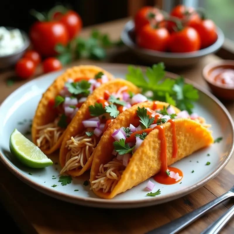 Plato con tacos dorados de jaiba rellenos, crujientes y dorados, servidos con salsa de chipotle cremosa y decorados con cebolla morada y cilantro fresco.