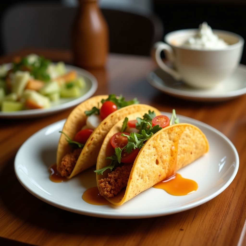 Tacos dorados crujientes rellenos de jamón serrano y queso crema, bañados en caramelo líquido brillante (lick) con un toque de sal, servidos sobre papel encerado.