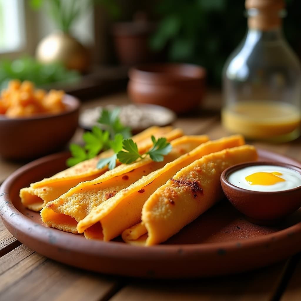 Tacos dorados de lleninga ecuatoriana apilados en un plato de barro, con capas crujientes y rellenos de queso fresco, acompañados de salsa de yogur y ají sobre fondo rústico de madera.