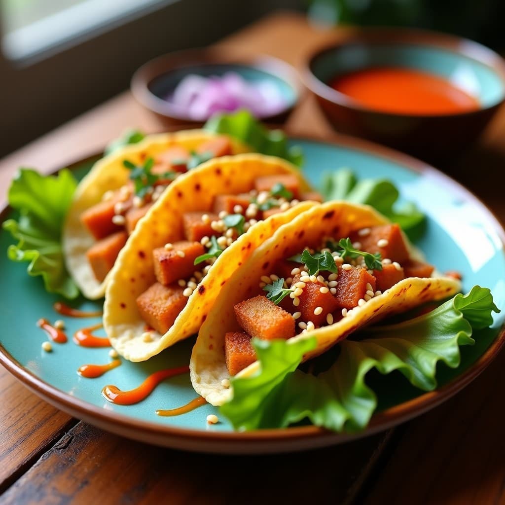 Tacos dorados crujientes rellenos de onggi fermentado y tofu, servidos sobre hojas de lechuga romana con semillas de sésamo y salsa gochujang, receta coreana en airfryer.