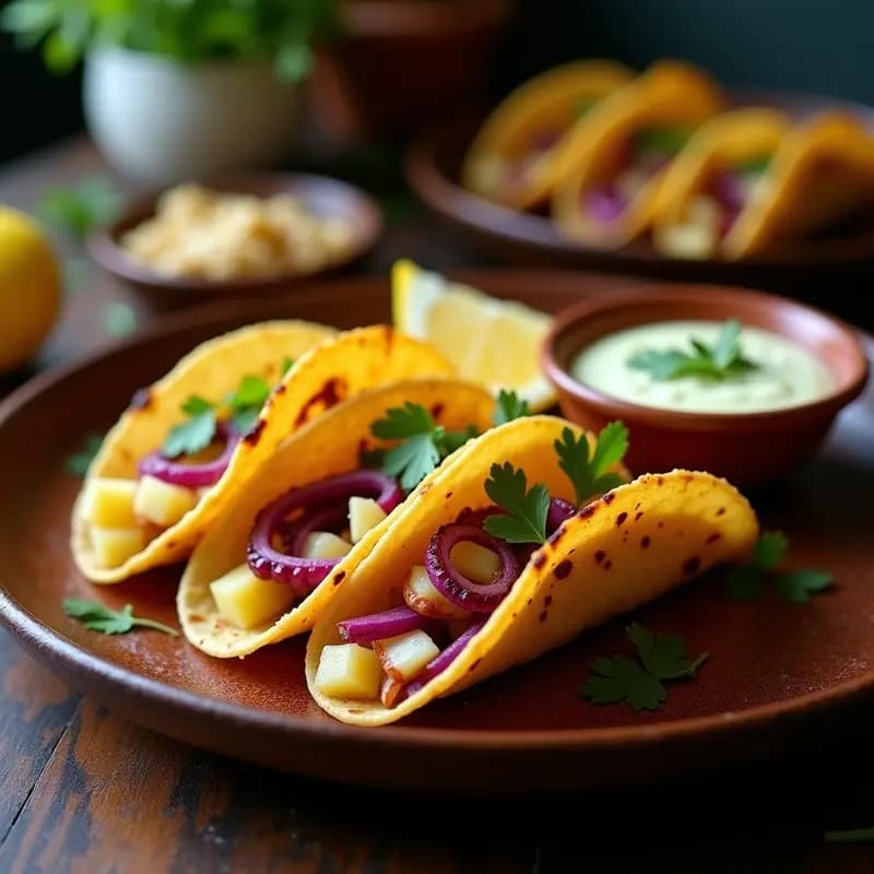 Plato de tacos dorados crujientes rellenos de pulpo a la gallega, patata y cebolla morada, con un toque de pimentón de La Vera y perejil fresco.