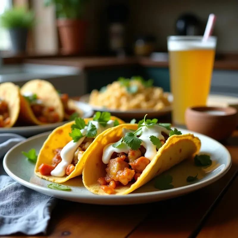 Plato con tacos dorados y crujientes rellenos de pechuga desmenuzada y chile poblano, acompañados de crema, lechuga morada y queso fresco desmenuzado.