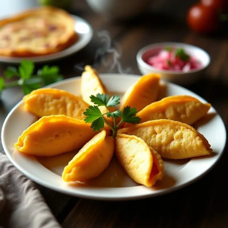 Plato con tacos dorados de papa amarilla peruanos, crujientes por fuera y cremosos por dentro, acompañados de salsa criolla y perejil fresco.