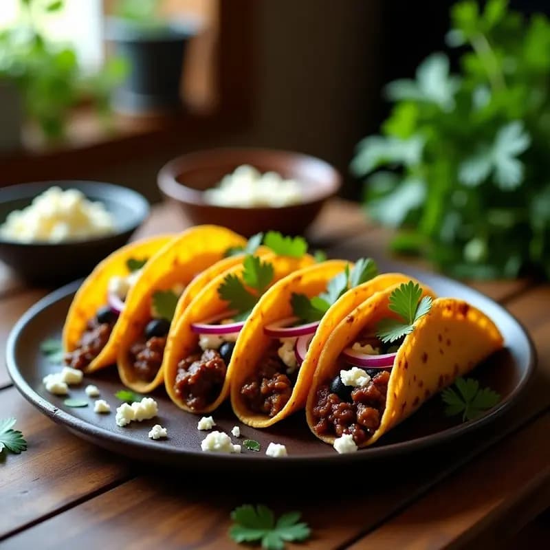 Tacos dorados crujientes rellenos de picadillo y queso azul desmenuzado, servidos en un plato de barrita con cilantro fresco y rodajas de cebolla morada.