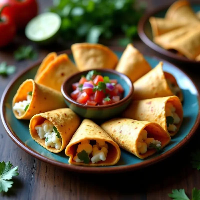 Tacos dorados de queso azul sobre un plato de barro, con salsa picotada de jitomate y cebolla morada al lado, decorados con cilantro fresco.