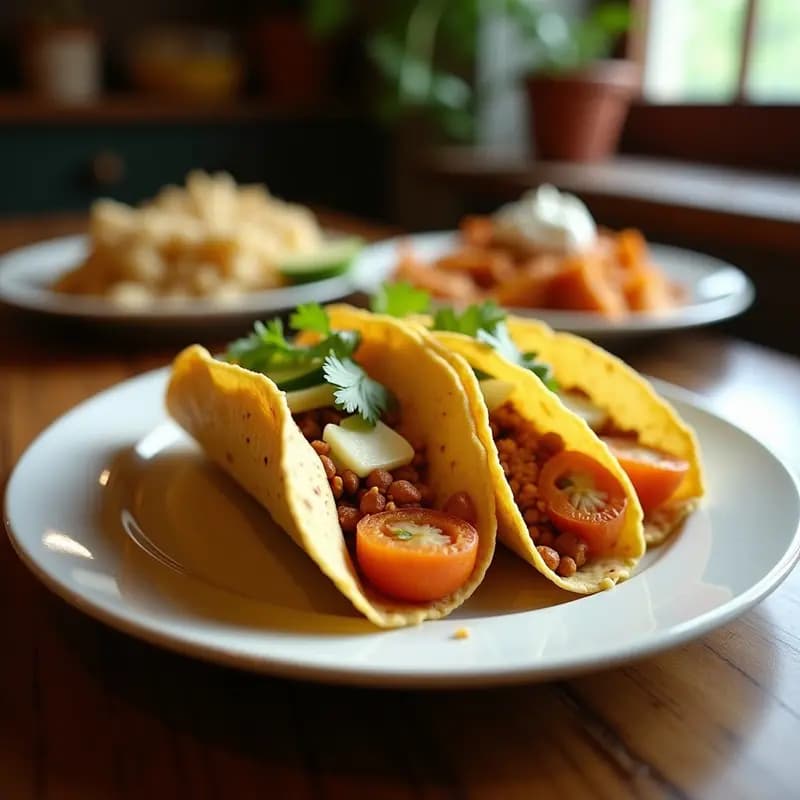 Plato de tacos dorados crujientes rellenos de queso fresco desmenuzado y hongos portobello salteados, decorados con crema agria, aguacate y cilantro fresco.