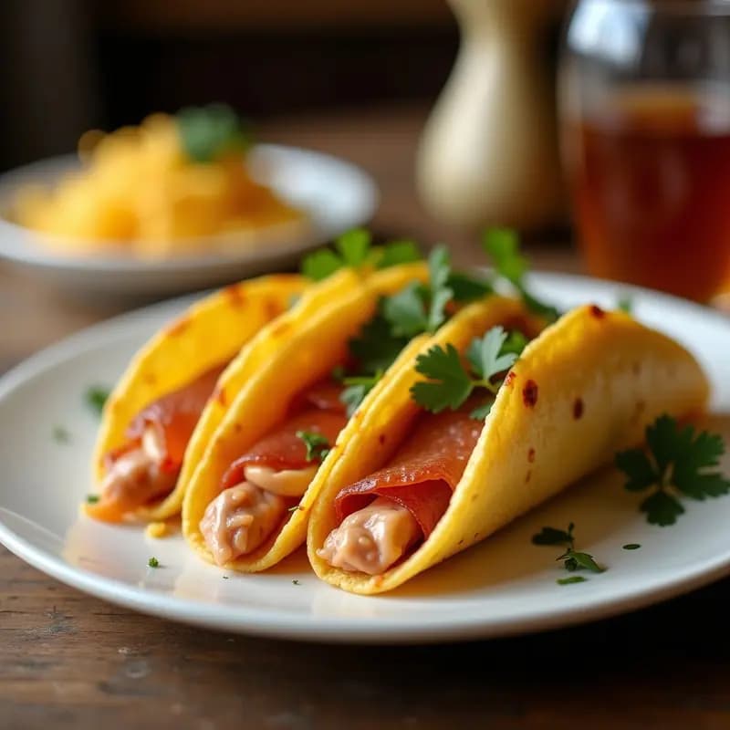 Plato con tacos dorados de queso y jamón en Thermomix, crujientes por fuera y fundidos por dentro, servidos con salsa de yogur.