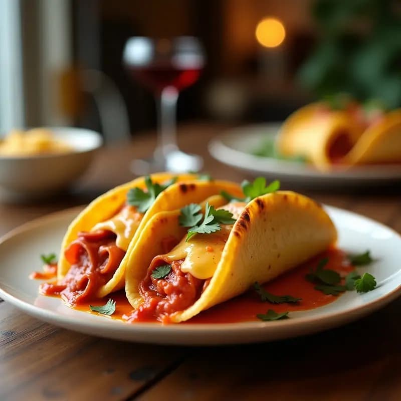 Tacos dorados crujientes rellenos de queso mozzarella derretido y pepperoni, servidos en un plato blanco con salsa de tomate espesa al lado, receta de fusión italiana-mexicana.