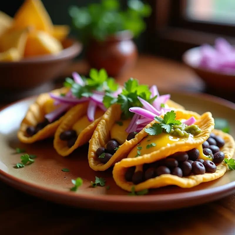 Tacos dorados crujientes rellenos de queso Oaxaca fundido y frijoles negros, servidos en plato rústico con cebolla morada, cilantro y salsa verde.