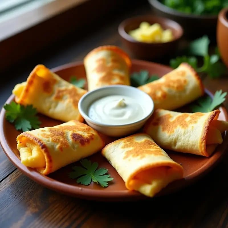 Tacos dorados crujientes de queso Oaxaca con vetas de trufa negra, servidos en plato de barro con salsa de crema agria y cilantro fresco, receta gourmet en airfryer.
