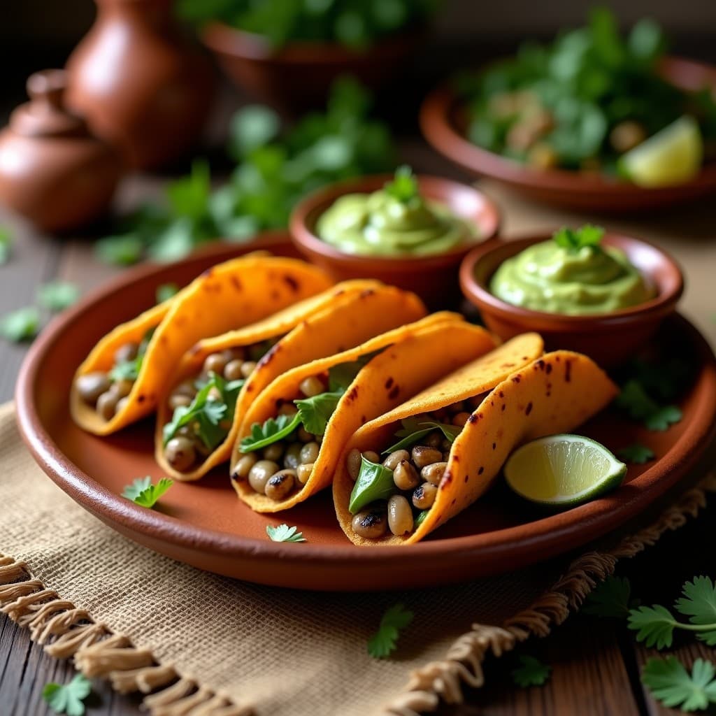 Tacos dorados veganos rellenos de nopales y ribano, servidos en un plato de barro con guacamole y salsa verde, receta crujiente y tradicional mexicana.
