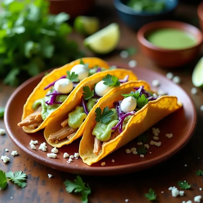 Plato de tacos dorados crujientes rellenos de pollo y bañados en pipián verde cremoso, acompañados de lechuga morada, crema ácida y queso fresco desmenuzado.