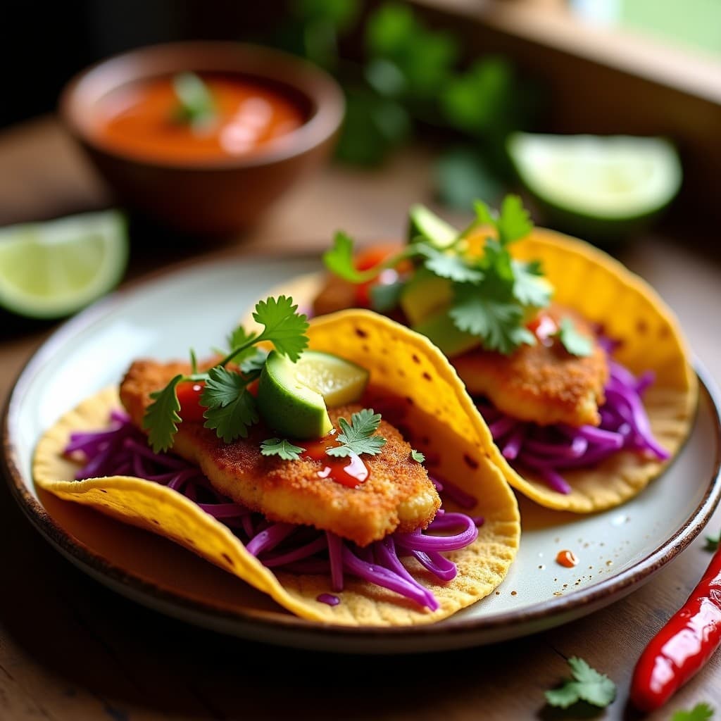 Plato con tacos de Eliseo en tortillas de maíz azules, bañados en salsa rosa de guayaba y chile habanero, decorados con cilantro fresco y rodajas de cebolla morada, servidos sobre una mesa de madera rústica con fondo desenfocado.