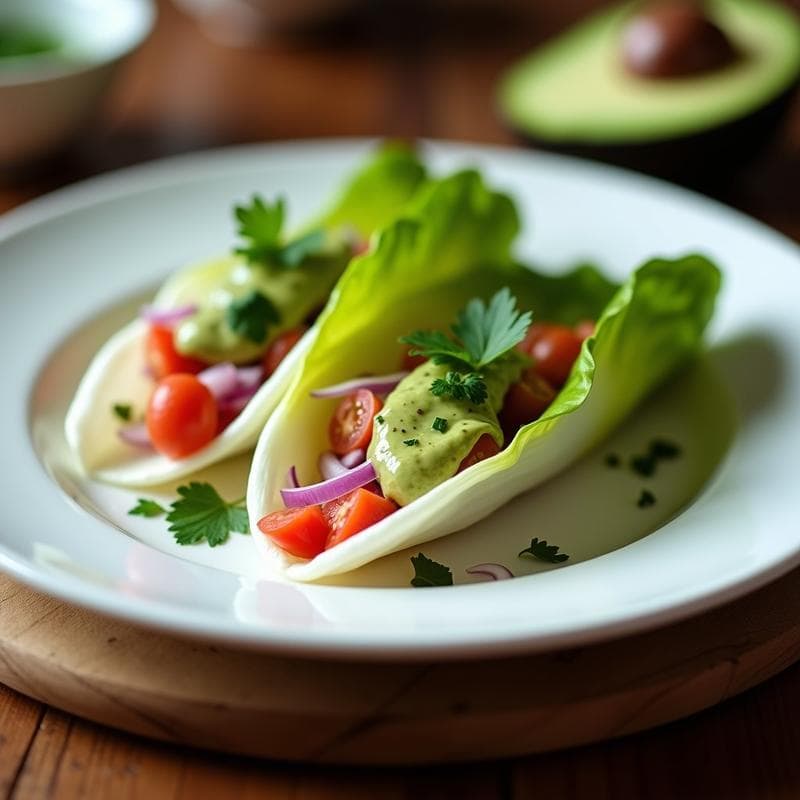 Plato blanco con tacos de hojas de endivia rellenos de atún desmenuzado con cebolla morada y tomate, coronados con salsa cremosa de aguacate y decorados con cilantro fresco. Entrante francés viral con toque mexicano, servido en una mesa rústica con fondo desenfocado.