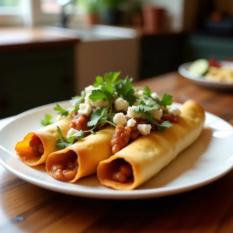 Plato colorido con tacos de flautas de plátano macho doradas, carnita de jackfruit desmenuzada ahumada, aguacate, tomate cherry y cebolla morada sobre hojas de lechuga romana. Receta vegana crudivegana de tacos de plátano macho y jackfruit.