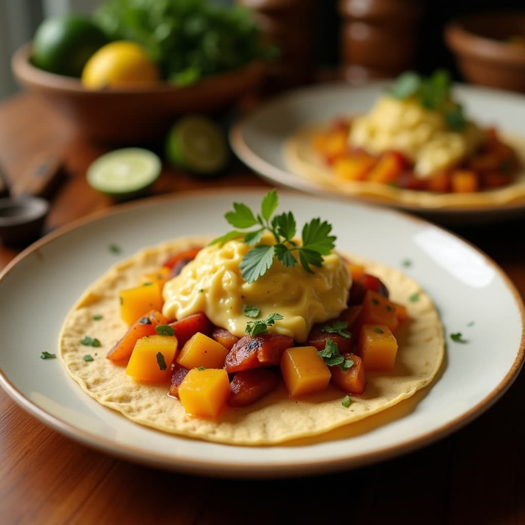 Tacos de flores de calabacín doradas y crujientes rellenos de queso feta desmenuzado y aceitunas kalamata, espolvoreados con almendras tostadas, servidos en un plato blanco rústico con hierbas frescas al lado. Receta mediterránea en airfryer.